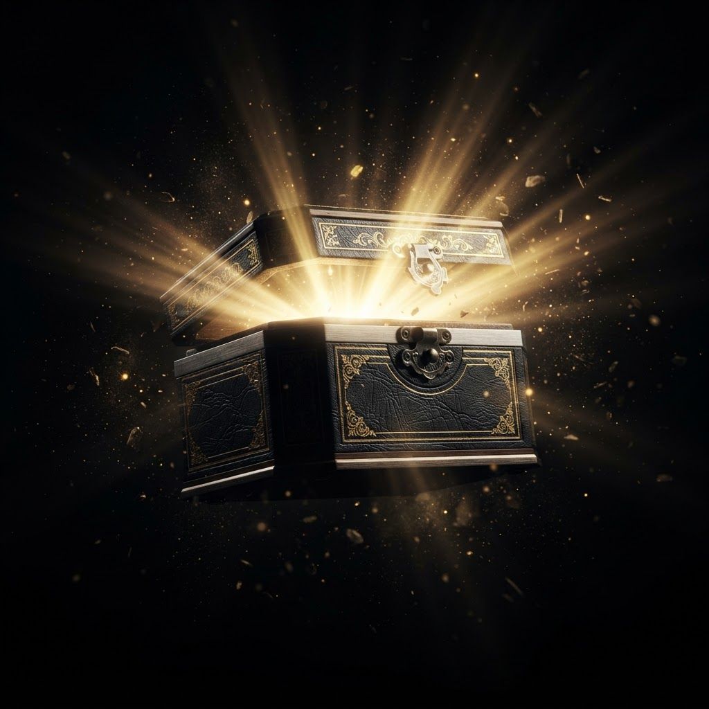 ENIGMA Mystery Box glowing with golden light